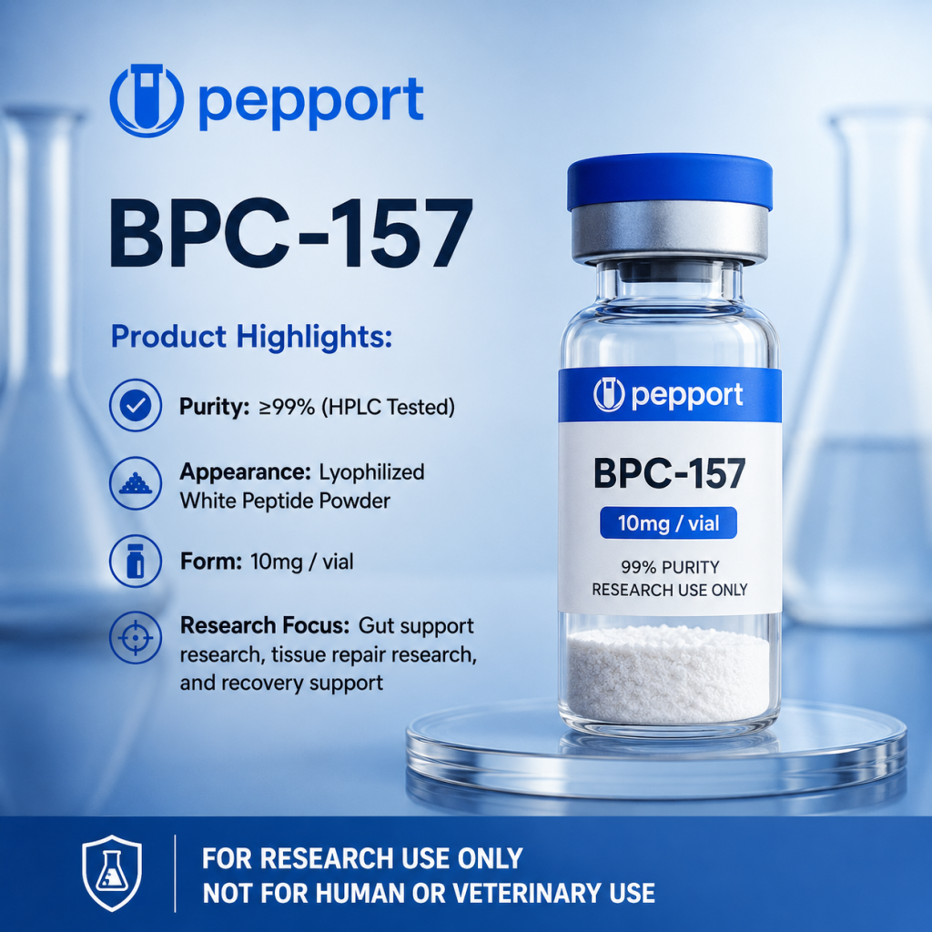 Pepport BPC-157 10mg vial, 99% purity lyophilized white peptide powder for research use only