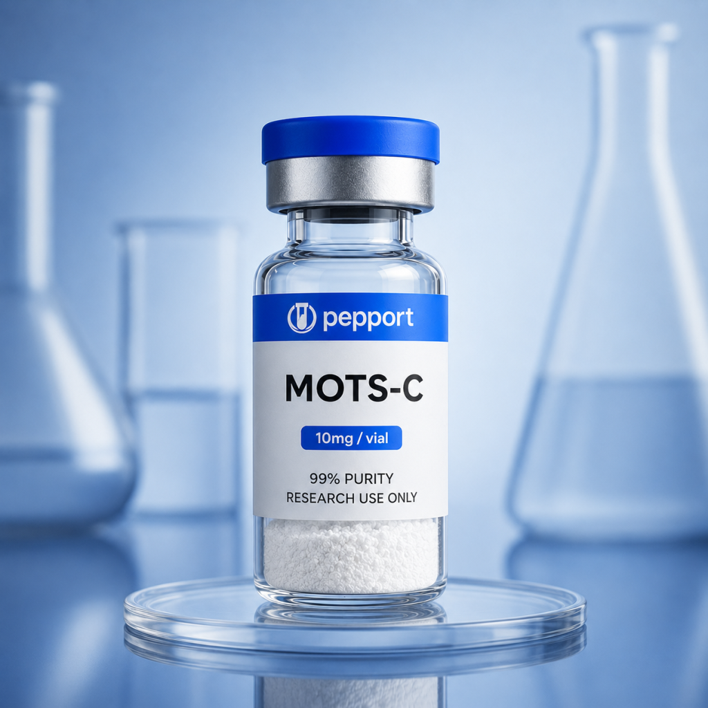Pepport MOTS-c 10mg vial, high purity lyophilized white peptide powder for research use only