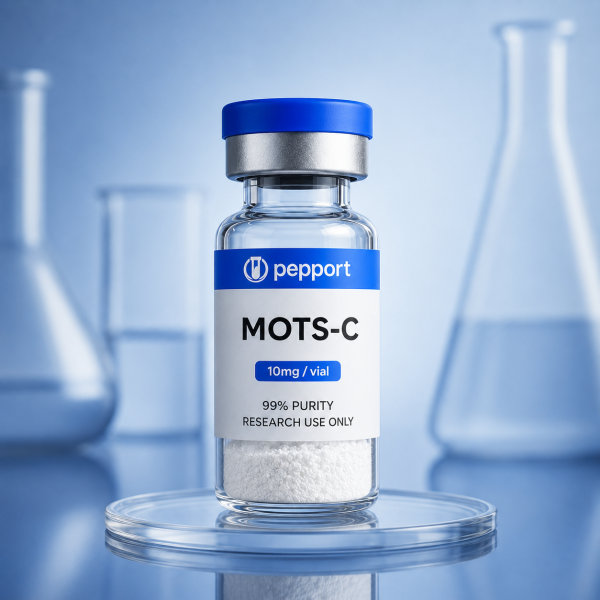 Pepport MOTS-c 10mg vial, high purity lyophilized white peptide powder for research use only