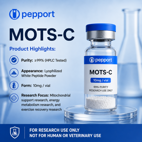 Pepport MOTS-c 10mg vial, high purity lyophilized white peptide powder for research use only