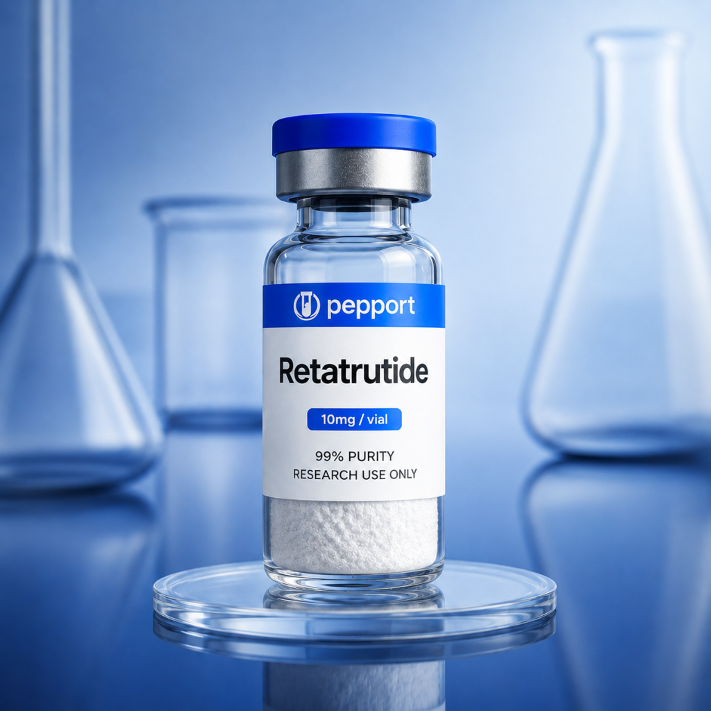 Pepport Retatrutide 10mg vial, high purity lyophilized peptide powder for research use only