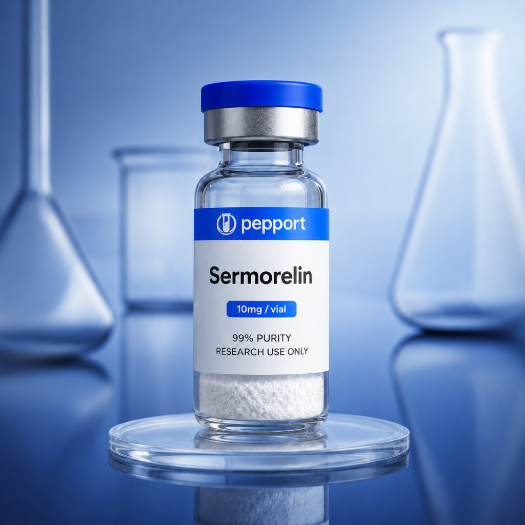 Pepport Sermorelin 10mg vial, 99% purity peptide powder for research use only