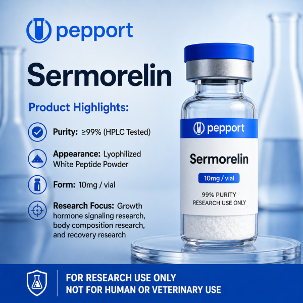Pepport Sermorelin 10mg vial, 99% purity peptide powder for research use only